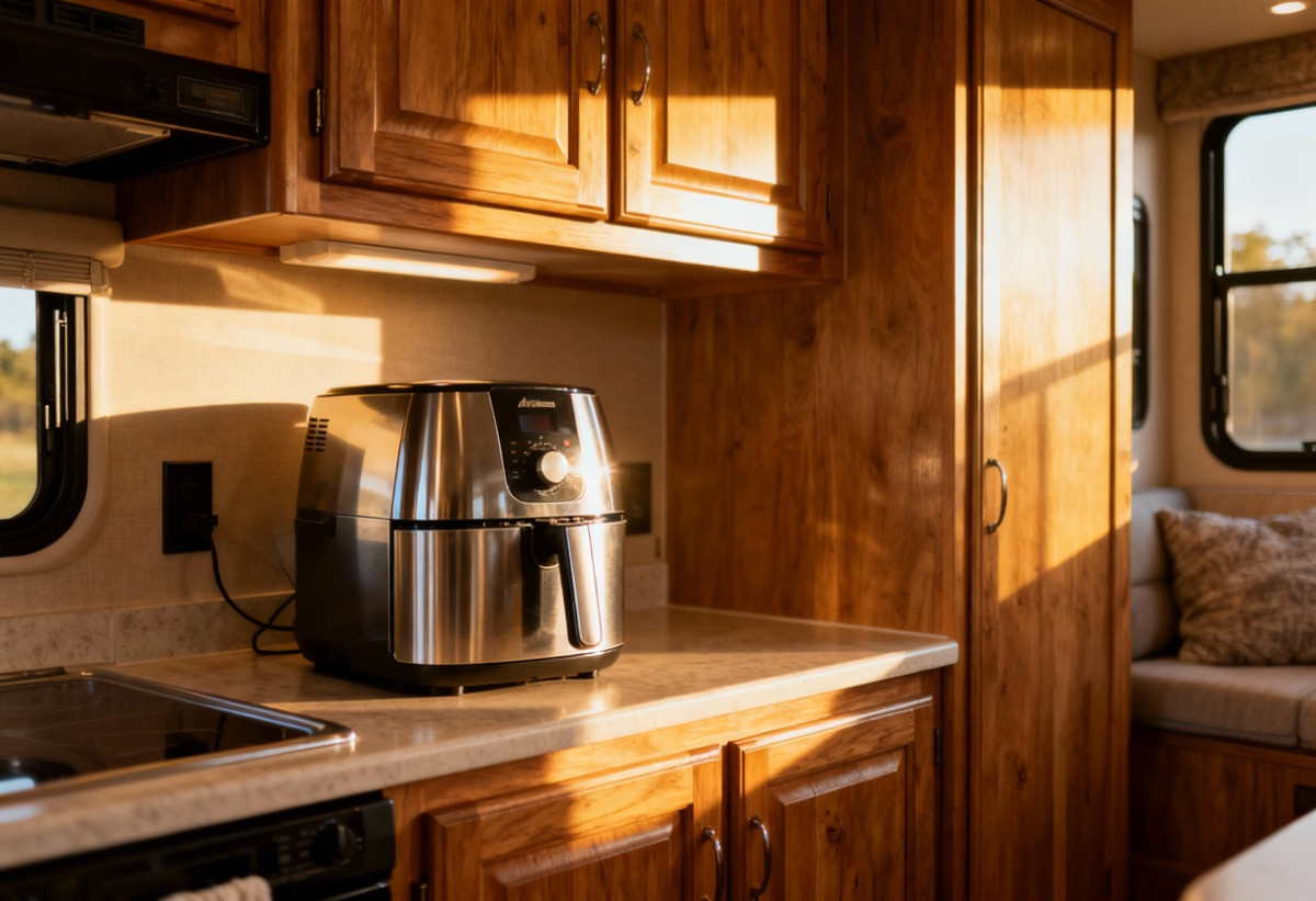 airfryer sitting on rv countertop next to cabinets