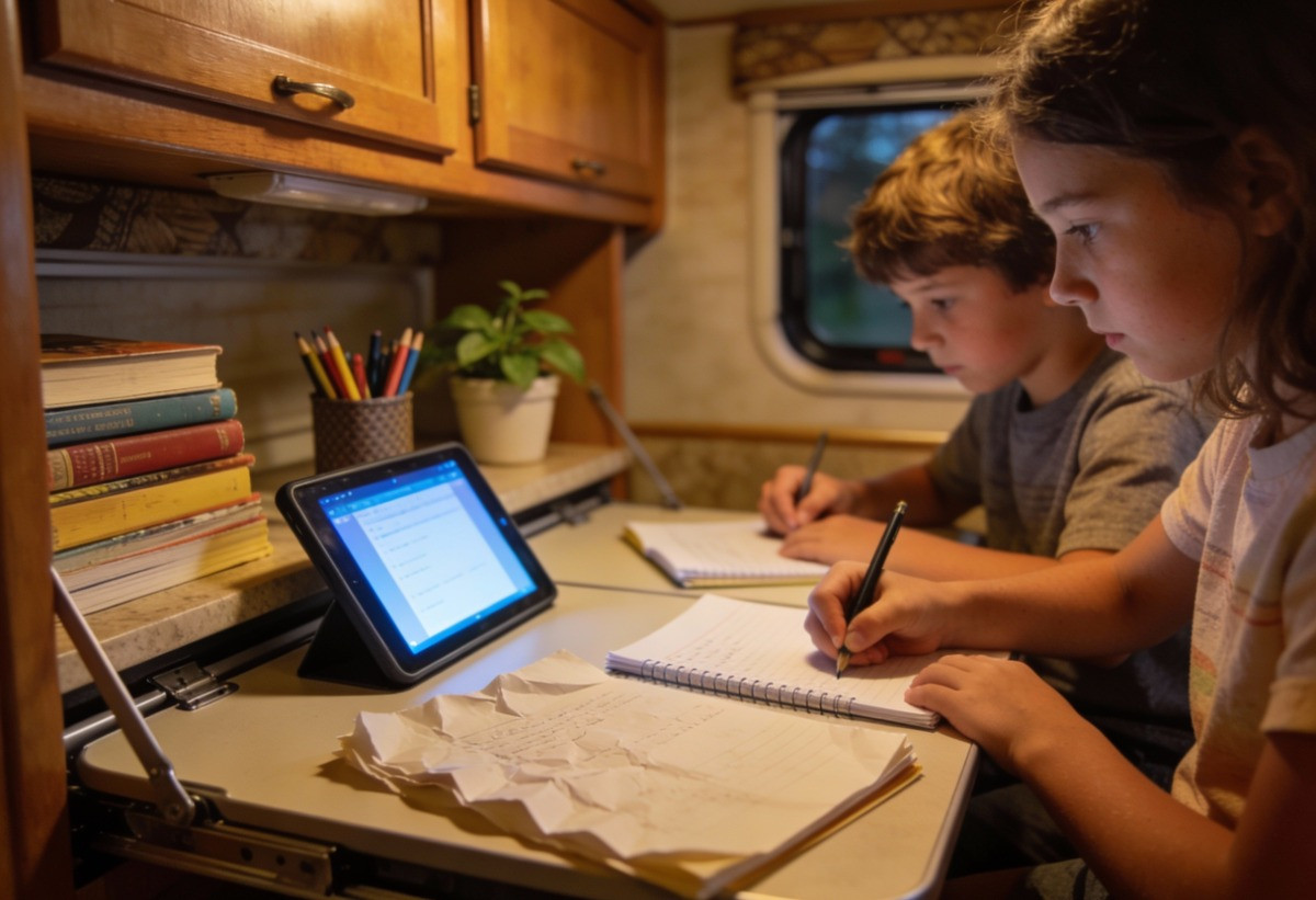 Children working on homework in a motorhome while using an electronic tablet