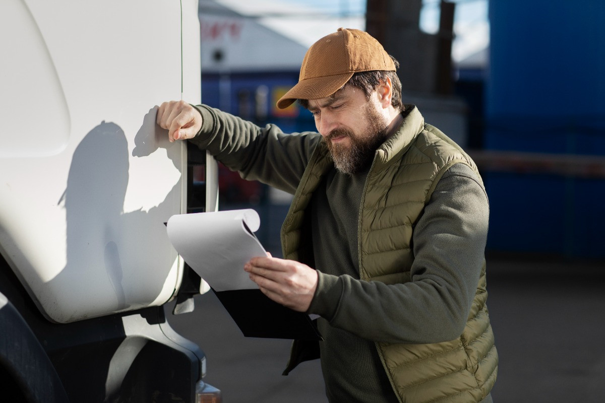 Man with brown cap looking over paperwork outside RV