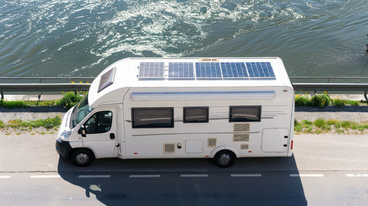 Motorhome B driving near sea with solar panels on rooftop